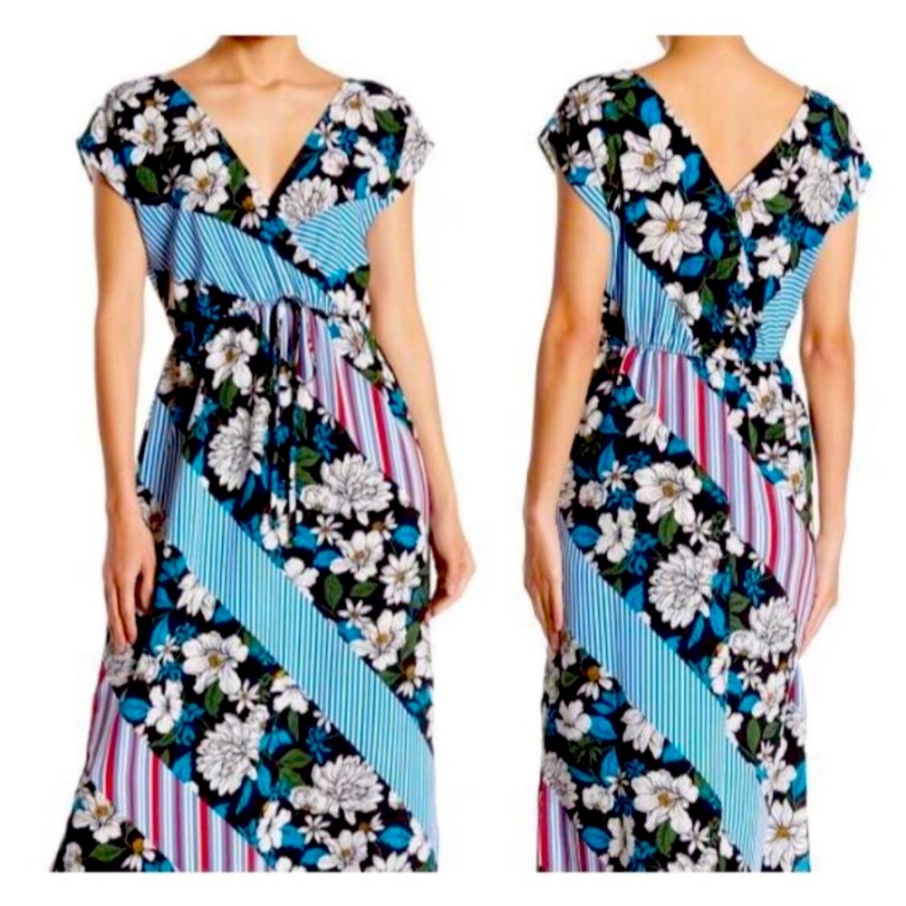NEW Bobeau Striped and Floral Maxi Dress, Medium